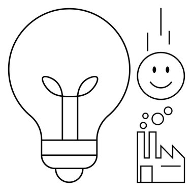 Yenilik kavramı. Ampul, fabrika ve mutlu yüz fikirleri, üretkenlik ve yaratıcılık. İlerleme ve endüstri büyümesine giden bir yol olarak yenilik. İş için, tasarım eğitimi girişimleri