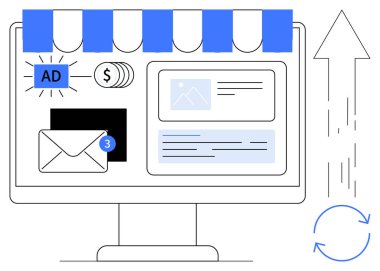 Çevrimiçi alışveriş, e-ticaret stratejisi, reklam analizleri, e-posta pazarlama, iş büyümesi, dijital veriler. Reklamları, e-posta bildirimlerini ve analizleri gösteren bir ekran. E-ticaret ve reklamcılık