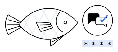 Sohbet baloncuklarının yanında desenli pullu balıklar kontrol işareti ve maskeli şifre alanı içeriyor. İletişim, güvenlik, kimlik denetimi, veri gizliliği, dijital etkileşim, teknoloji için ideal