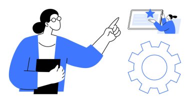 Eğitim, takım çalışması, dijital araçlar, iş, yenilik, liderlik. Profesyonel biri ekranı işaret ediyor, vites simgesi yakınlarda. Eğitim ve takım çalışması iş bağlamında dijital araçlarla birleştirildi