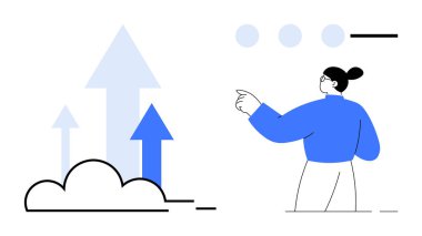 İş büyümesi, ilerleme, analitik, kariyer geliştirme, yatırım, başarı stratejileri. Yükselen okları gösteren bir kadın. İş büyümesi ve ilerleme kavramı