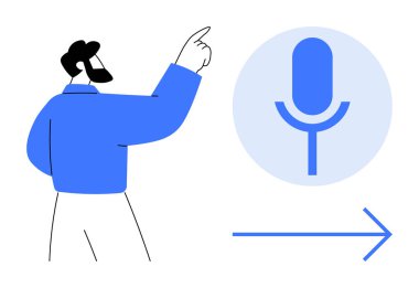 Ses tanıma, iletişim teknolojisi, kullanıcı arayüzü tasarımı, modern uygulamalar, konuşma girişi, yapay zeka. Adam okla mikrofon ikonunu işaret ediyor. Ses tanıma