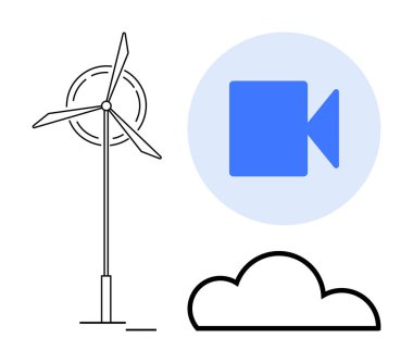 Yenilenebilir enerji, teknoloji, bulut hesaplama, veri depolama, video hizmetleri, çevresel çözümler. Rüzgar türbini, video oyun ikonu ve bulut sembolü. Yenilenebilir enerji ve teknoloji kavramı