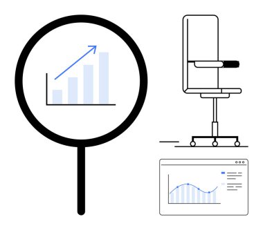 İş stratejisi, verimlilik araçları, veri değerlendirmesi, teknoloji çözümleri, işyeri eğilimleri, ofis ergonomisi. Büyüteç, ofis sandalyesi ve analitik grafiğinin altındaki büyüme tablosu. Veri