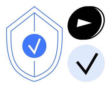 Siber güvenlik, veri koruması, kimlik doğrulama, medya akışı, çevrimiçi doğrulama ve dijital güven. Keneli bir kalkan, bir çalma tuşu ve bir işaret. Siber güvenlik ve veri koruması