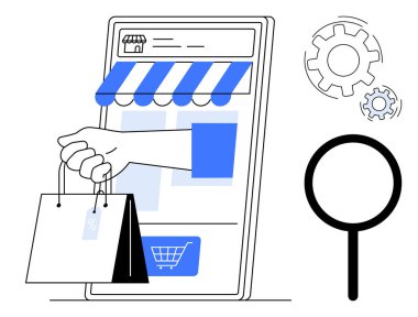 Çevrimiçi alışveriş, ekommerce, dijital perakende, mobil alımlar, tüketici arayışı, teknoloji yeniliği. Alışveriş çantası ve büyüteçle akıllı bir telefon. Çevrimiçi alışveriş ve ekommerce kavramı