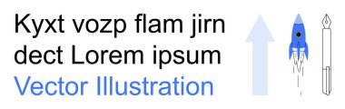 Yaratıcılık, başarı, yenilik, yükselen büyüme, eğitim, iş ilerlemesi. Bir ok ve kalemin yanında mavi bir roket fırlatılıyor. Yaratıcılık ve başarı sembolik olarak