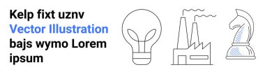 Yenilik, endüstriyel kalkınma, iş planlaması, enerji çözümleri, strateji, verimlilik. Bir ampul, fabrika ve satranç şövalyesinin minimalist çizgileri. Yenilik ve strateji kavramı