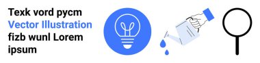 Yaratıcılık, problem çözme, yenilik, büyüme, keşif, öğrenme. Bir ampul ikonu, damlacıklı bir sulama kutusu ve bir büyüteç. Yaratıcılık ve problem çözme kavramları