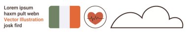 Ulusal kimlik, sağlık hizmeti, bulut hesaplama, kardiyoloji, teknoloji, İrlanda kültürü. Bir kalp atışı ikonu ve minimum bulut şeklinin yanında İrlanda bayrağı. Ulusal kimlik ve sağlık hizmetleri kavramsal
