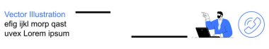 Müşteri hizmetleri, uzaktan iletişim, teknik destek, sanal yardım, online yardım, takım çalışması. Destekleyici iletişim ikonu olan bir dizüstü bilgisayar kullanan bir adam. Müşteri hizmetleri ve çevrimiçi yardım kavramı