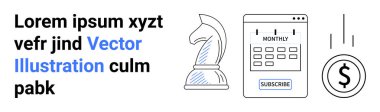 İş stratejisi, finansal planlama, abonelik modelleri, yatırım fikirleri, karar verme mekanizması, ekonomik analiz. Satranç taşı, abonelik düğmesi ve dolar para sembollü takvim. İş dünyası