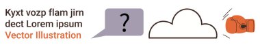 Karar verme, çatışma çözümü, beyin fırtınası, iletişim, sorgulama, takım çalışması. Soru işareti, bulut ve boks eldiveni olan konuşma balonu. Karar verme ve çatışma çözümü kavramı