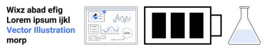 Veri analizi, enerji depolama, laboratuvar araştırması, bilimsel ekipman, analitik, iş aletleri. Analitik gösterge paneli, batarya ikonu laboratuvar şişesi. Veri analizi ve enerji depolama kavramı