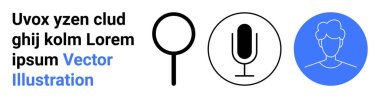 Dijital araçlar, çevrimiçi etkileşim, sesli arama, profil yönetimi, kimlik erişimi, kullanılabilirlik tasarımı. Büyüteç, mikrofon ve kullanıcı sembolü. Teknoloji ve iletişim konsepti