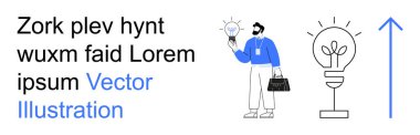 Yaratıcı düşünce, yenilik, iş büyümesi, liderlik, beyin fırtınası, tasarım. Parlayan bir ampul ve yukarı doğru ok tutan bir profesyonel. Yaratıcı düşünce ve yenilik kavramı
