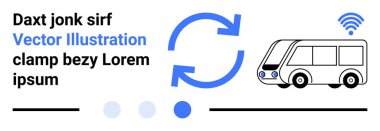 Dairesel oklar kablosuz akıllı bir elektrik otobüsünün yanında senkronizasyon veya güncelleme konseptini gösteriyor. Teknoloji, bağlantı, ulaşım, EVS, akıllı şehirler, otomasyon, basit iniş için ideal