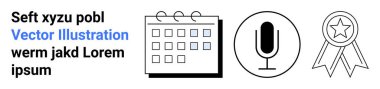 Zaman yönetimi, iletişim, başarı, programlama, tanınma, verimlilik. Minimalist takvim, mikrofon ve ödül kurdele ikonları. Zaman yönetimi ve iletişim temalı kavram