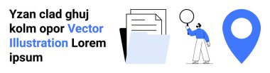Evraklı klasör, mavi lokasyon rozeti, balon tutan soyut figür. Navigasyon, dosya yönetimi, konum hizmetleri, minimal tasarım, organizasyon, dijital çalışma sade iniş sayfası için ideal