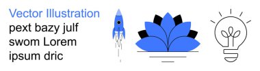 Creativity, innovation, business growth, mindfulness, education concepts, modern design. Blue rocket, stylized lotus flower and lightbulb with text. Creativity and innovation focus
