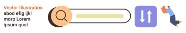 Web gezinti, veri arama, kullanıcı deneyimi, üretkenlik araçları, sistem güncellemeleri, dijital çalışma akışları. Büyüteçle arama çubuğu, ok simgesi ve zıplayan kişi. Web gezinti ve veri araması