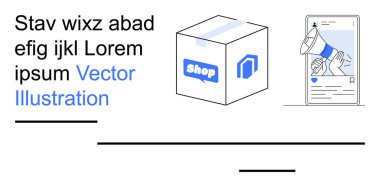 Çevrimiçi alışveriş, dijital pazarlama, e-ticaret tanıtımı, sosyal medya reklamları, dağıtım hizmetleri, markalaşma. Dükkan tabelası, akıllı telefon ve megafon reklamı olan bir teslimat kutusu. E-ticaret tanıtımı