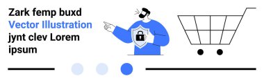 Yanında stilize bir alışveriş arabası olan, kilit amblemli bir kalkan takan bir adam. Güvenlik, e-ticaret, dijital güven, çevrimiçi alışveriş, siber koruma, pazarlama, basit iniş için ideal