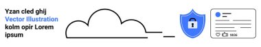 Data protection, cloud storage, online security, identity verification, cybersecurity, digital authentication. Minimalistic design with a cloud, security shield and ID card. Cloud security