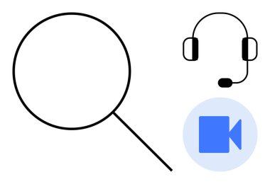 Çevrimiçi eğitim, müşteri desteği, uzaktan çalışma, video konferans, dijital iletişim, araştırma. Büyüteç, mikrofon ve video çağrı sembolü. Müşteri desteği ve uzaktan çalışma