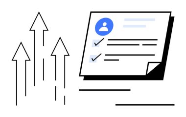 Bir kullanıcı simgesi, işaretli profil kartı ve başarıyı, kişisel gelişimi veya performansı gösteren yukarı dönük oklar. Kariyer büyümesi, başarı, liderlik, yönetim dijital için ideal