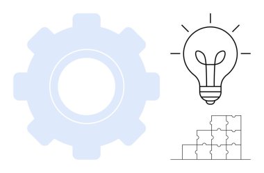 Yenilik kavramı. Teçhizat, ampul ve bulmaca parçaları ile geliştirilen yenilik teknoloji, yaratıcılık ve çözümleri birleştirir. Yenilik iş dünyasında, tasarımda ve takım çalışmasında ilerlemeyi sağlar. teknoloji