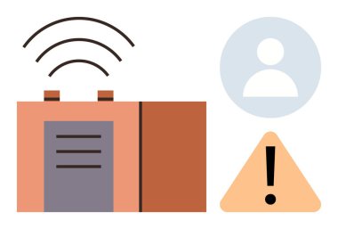 İletişim güvenliği, veri sızıntıları, teknoloji alarmları, kablosuz sistemler, kullanıcı güvenliği, uyarı işaretleri. Kablosuz sinyal, kullanıcı simgesi ve ünlem uyarısı gösteren grafikler. İletişim