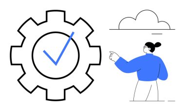 Süreç otomasyonu, kalite güvencesi, iş akışı optimizasyonu, görev tamamlama, karar verme, üretkenlik. İşaretleme simgesi ve işaret şekli olan büyük dişli. İşlem otomasyonu ve kalitesi