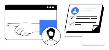 Tarayıcıdan el gösterimi, kullanıcı portresi ve kontrol listesi belgesi. Kullanıcı yönetimi için ideal, çevrimiçi kimlik, veri doğrulama, iş akışı, dijital süreçlerde görev tamamlama. Basit düz