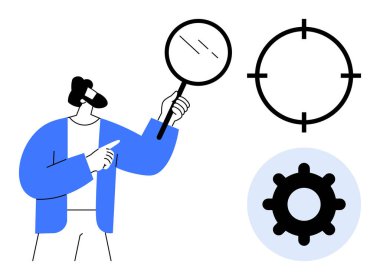 İş analizi. Hedefi ve vites sembolünü vurgulayan bir büyüteçle bir kişi. İş analizi stratejiyi geliştirir, hedeflere odaklanır ve verimliliği artırır. Pazarlama için ideal