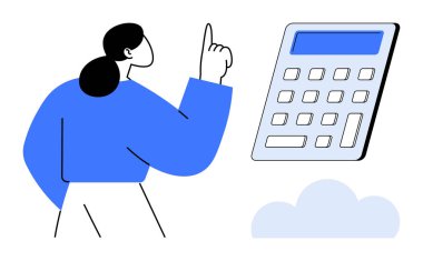 Finansal planlama, teknoloji, bulut hizmetleri, eğitim, bütçe, finans. Aşağısı bulutlu bir kadın hesap makinesini işaret ediyor. Finansal planlama ve teknoloji kavramı