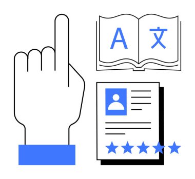 Çok dilli karakterlerin olduğu açık bir kitap, yukarı bakan eller, ve yıldızlı profil derecelendirme kartı. Eğitim, e-öğrenme, dil yeterliliği, çeviri, kullanıcı geribildirimi, uygulama arayüzleri için ideal