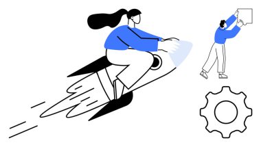 İş büyümesi konsepti. Roket süren kadın ve başarı. Takım işbirliği ve yenilik yaratıcı çalışmayla vurgulandı. Girişimcilik, takım çalışması, girişimcilik ve yenilik için kullanışlı