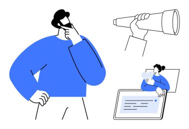 Stratejik düşünce. Bir insan, bir teleskop ve tablet kullanarak kararları düşünür ve fırsatları değerlendirir. Stratejik düşünme daha iyi planlama ve problem çözmede yardımcı olur. Mükemmel.