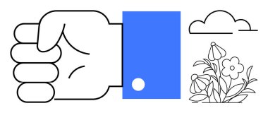 Güç, basitlik, iletişim, doğa, huzur, büyüme. Bulutların ve çiçek açan çiçeklerin yanında mavi kollu sıkılmış bir yumruk. Uyumlu dengede güç ve doğa