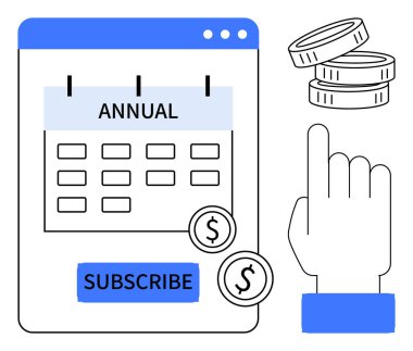 Abonelik hizmetleri, e-ticaret, bütçe araçları, mali yönetim, ödeme süreçleri, hizmet yenileme. Abonelik düğmesi, el paraları ve dolar sembolleri olan yıllık takvim. Üyelik