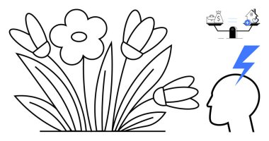 Çiçek konsepti. Sanatsal çiçeklere sembolik unsurlar eşlik eder denge, finans ve yaratıcı fikirler. Çiçek tasarımları sanat, eğitim, sağlık, iş ve yenilik için kavramsal kavramsal kavramları karşılar