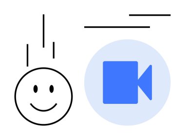 Dijital iletişim, video akışı, pozitiflik, yaratıcılık, medya paylaşımı, bağlantı. Mavi video simgesinin yanında çizgileri olan mutlu bir yüz. Dijital iletişim ve video akışı kavramı