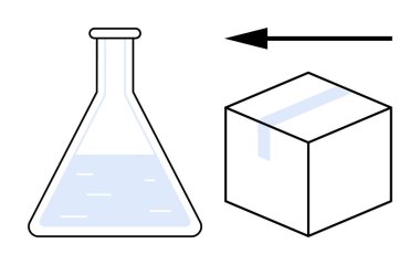 İşlem konsepti. Bir laboratuvar şişesi, bir paket kutusu, ve bir yön oku süreci ve hareketi. Lojistik, bilim ve iş akışı sistemlerinde işlem. Eğitim ve yenilik için ideal lojistik