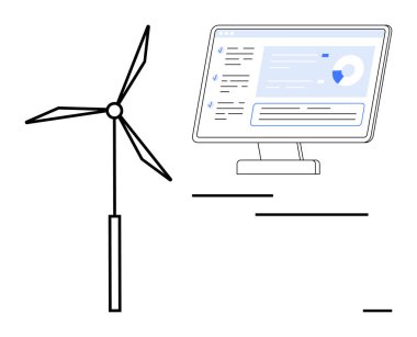 Yenilenebilir enerji, sürdürülebilirlik, yeşil teknoloji, rüzgar gücü, veri yönetimi, enerji çözümleri. Veri grafikleriyle birlikte bilgisayar ekranının yanında rüzgar türbini. yenilenebilir enerji ve sürdürülebilirlik