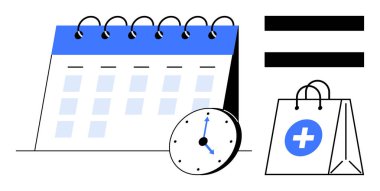 Çalışma masasının takviminde saat çizelgesi, eşitlik işareti ve sağlık hizmetlerinin zamanında geldiğini gösteren sağlık çantası var. Sağlık, zaman yönetimi, verimlilik, planlama, programlama için ideal