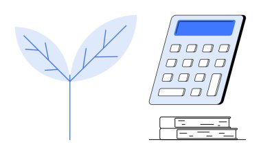 Sürdürülebilirlik, eko-finans, eğitim, yeşil girişimler, finansal planlama, çevre bilinci. Hesap makinesi ve kitapların yanında bir yaprak simgesi. Sürdürülebilirlik ve eko-finans