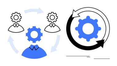 Connected gears inside human icons with circular arrows depicting teamwork, process optimization, and efficient workflows. Ideal for collaboration, management, automation, team dynamics