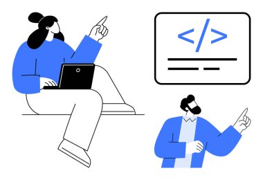 Yazılım geliştirme, takım çalışması, kodlama becerileri, programlama eğitimi, dijital yenilik, teknoloji işbirliği. İki kişi bir dizüstü bilgisayar ve kodlama sembolleriyle kod hakkında konuşuyor. Yazılım geliştirme