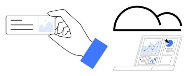 Dijital pazarlama, bulut depolama, veri analizi, iş stratejisi, çevrimiçi paylaşım, bilgi yönetimi. Bulut simgesinin altında analizli bir kart ve dizüstü bilgisayar tutan bir el. Dijital pazarlama